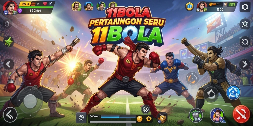 Screenshot gameplay 11BOLA menampilkan pertarungan intens dan karakter yang beragam.