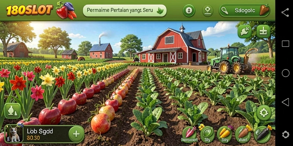 Tampilan screenshot gameplay 180SLOT dengan ladang dan tanaman yang subur.